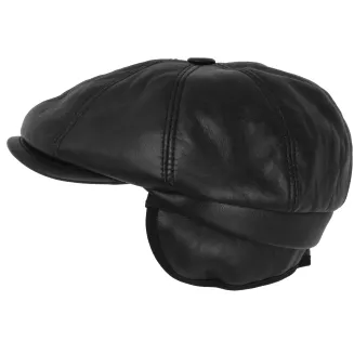 Skórzany czarny kaszkiet męski z osłoną na kark i uszy K293A Polar Fashion - 3