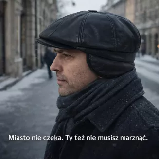 Skórzany czarny kaszkiet męski z osłoną na kark i uszy K293A Polar Fashion - 6