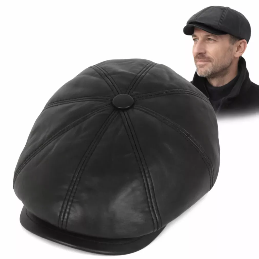 Skórzany czarny kaszkiet męski z osłoną na kark i uszy K293A Polar Fashion