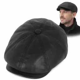 Skórzany czarny kaszkiet męski z osłoną na kark i uszy K293A Polar Fashion