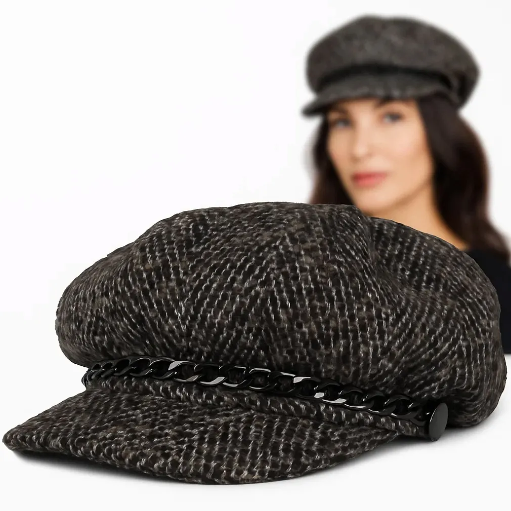 Kaszkiet Damski K291G  Brązowy Melanż z Łańcuszkiem Polar Fashion