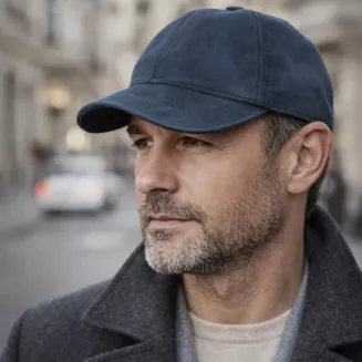 Ciepła Skórzana bejsbolówka męska nubuk granatowa zimowa K295C PolarFashion - 8