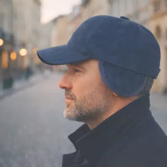 Ciepła Skórzana bejsbolówka męska nubuk granatowa zimowa K295C PolarFashion - 7