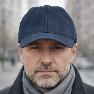 Ciepła Skórzana bejsbolówka męska nubuk granatowa zimowa K295C PolarFashion - 9