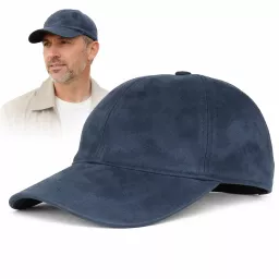 Ciepła Skórzana bejsbolówka męska nubuk granatowa zimowa K295C PolarFashion