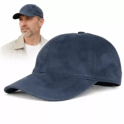Ciepła Skórzana bejsbolówka męska nubuk granatowa zimowa K295C PolarFashion