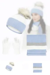 Czapka Szalik Rękawiczki Damski Zimowy Komplet  W453D  Biało Niebieski