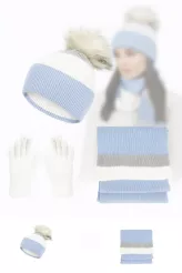 Czapka Szalik Rękawiczki Damski Zimowy Komplet  W453D  Biało Niebieski