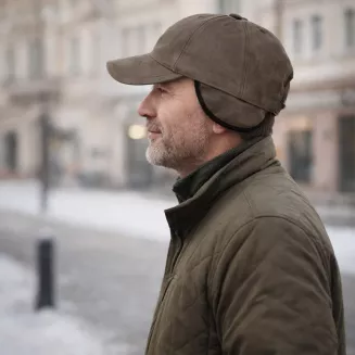 Ciepła Skórzana bejsbolówka męska zimowa NUBUK z uszami K295B Polar Fashion - 9