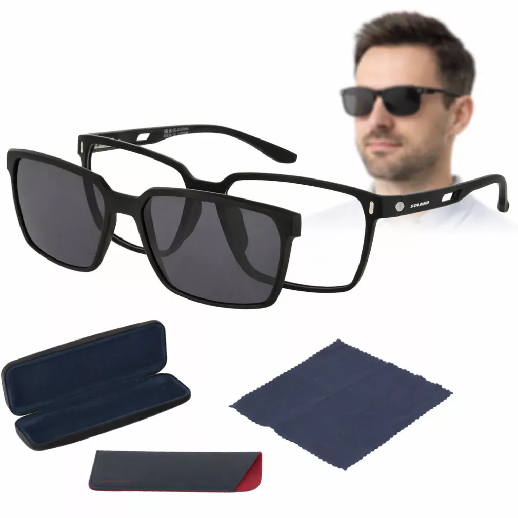 Czarne Matowe Męskie Okulary Korekcyjne z Nakładką Clip-On Solano CL90285A