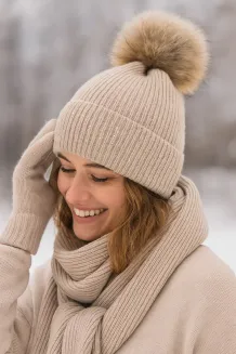 Damski Komplet W454C Beżowy Czapka  Pompon Szalik Rękawiczki Polar Fashion - 6