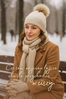 Damski Komplet W454C Beżowy Czapka  Pompon Szalik Rękawiczki Polar Fashion - 7