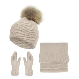 Damski Komplet W454C Beżowy Czapka  Pompon Szalik Rękawiczki Polar Fashion - 5