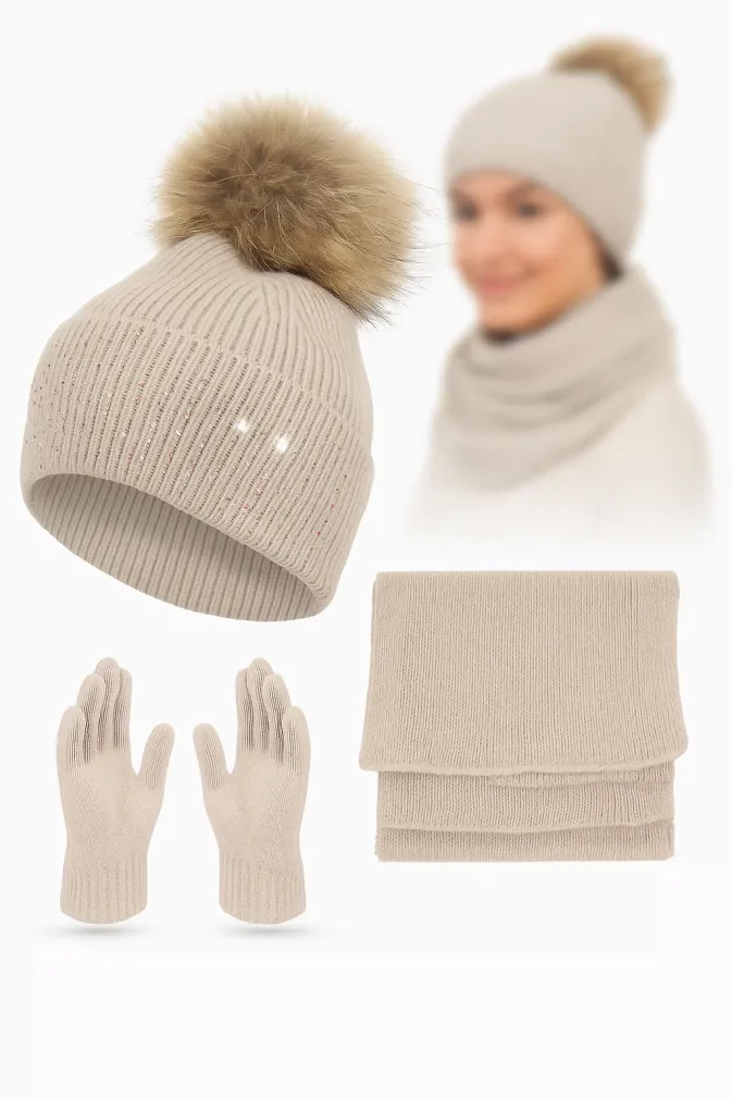 Damski Komplet W454C Beżowy Czapka  Pompon Szalik Rękawiczki Polar Fashion