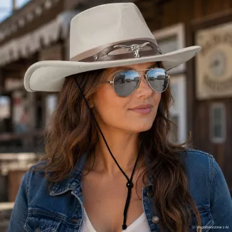Kapelusz kowbojski unisex western ecru okulary aviator lustrzane R254E - 2