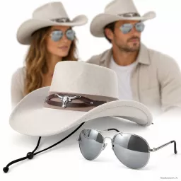 Kapelusz kowbojski unisex western ecru okulary aviator lustrzane R254E