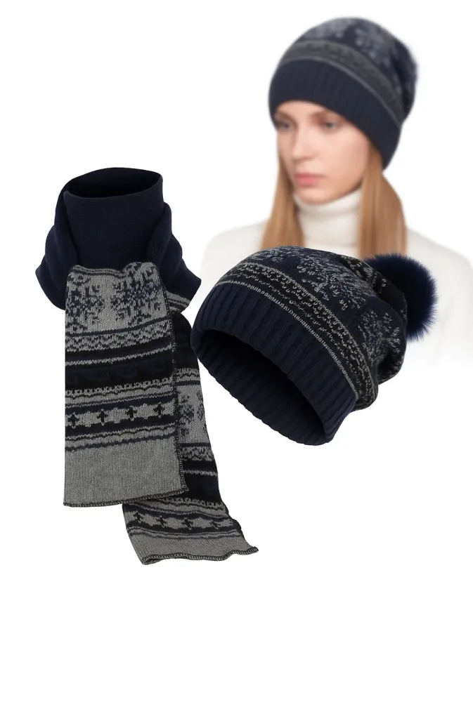 Damski Komplet Zimowy Czapka z Pomponem Szalik Granatowy W322DK Polar Fashion