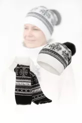 W322Ak White Polar Fashion Set Knitted Winter Hat Pompon Scarf Beanie Long Snowflake Theme