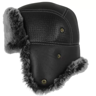 Czarna Męska Czapka Uszatka Pilotka Skórzana z Futrem Polar Fashion W520B - 3