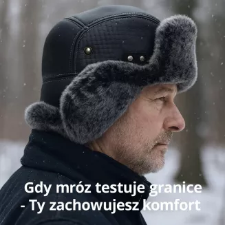 Czarna Męska Czapka Uszatka Pilotka Skórzana z Futrem Polar Fashion W520B - 8