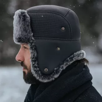 Czarna Męska Czapka Uszatka Pilotka Skórzana z Futrem Polar Fashion W520B - 10