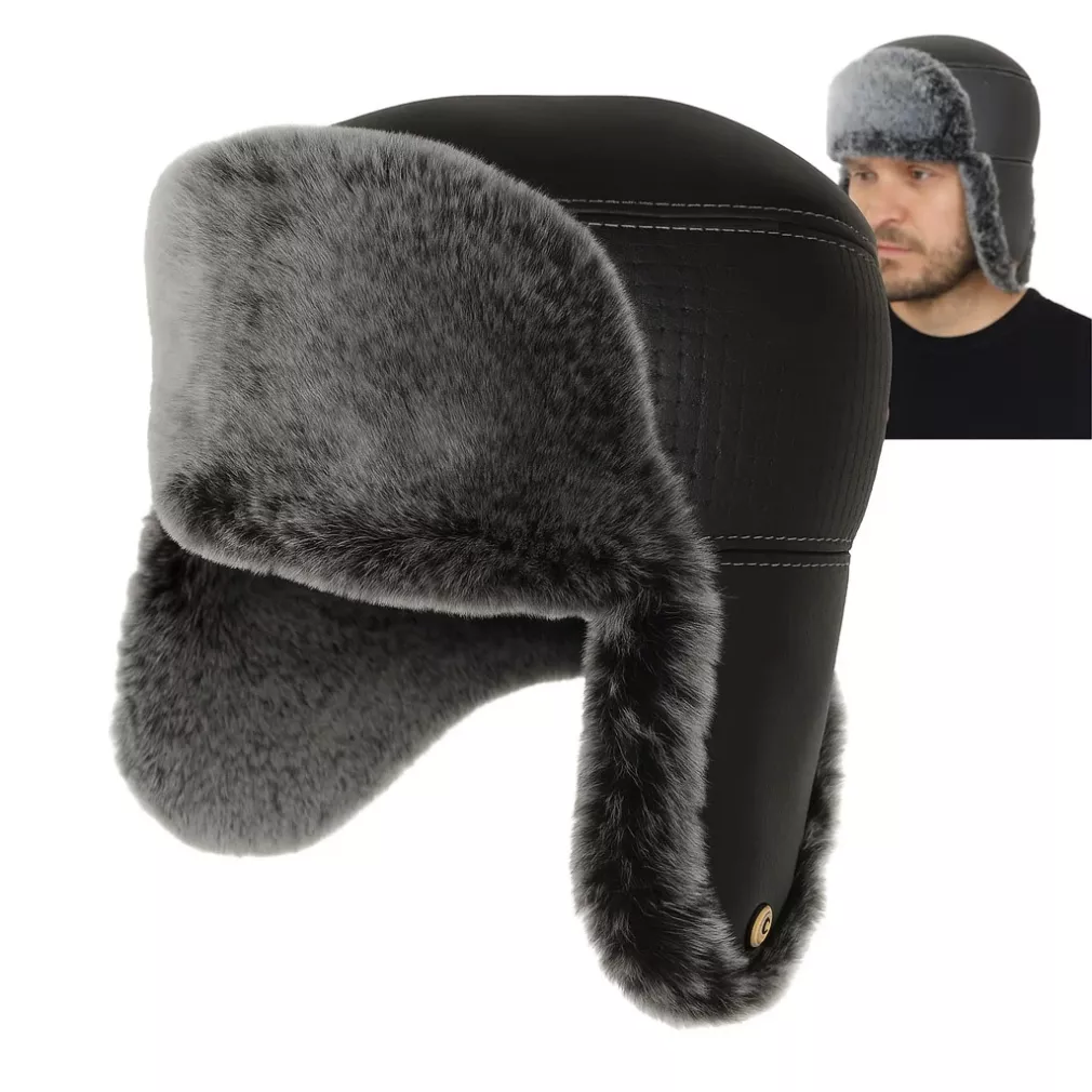 Czarna Męska Czapka Uszatka Pilotka Skórzana z Futrem Polar Fashion W520B