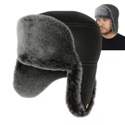Czarna Męska Czapka Uszatka Pilotka Skórzana z Futrem Polar Fashion W520B