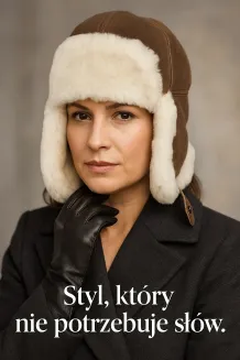Pilotka Zimowa Brązowa, Skórzana Uszatka z Naturalnym Futrem W484B PolarFashion - 6