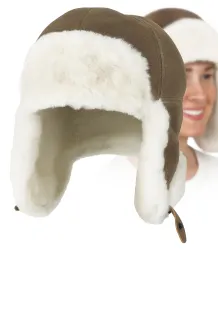Pilotka Zimowa Brązowa, Skórzana Uszatka z Naturalnym Futrem W484B PolarFashion - 8