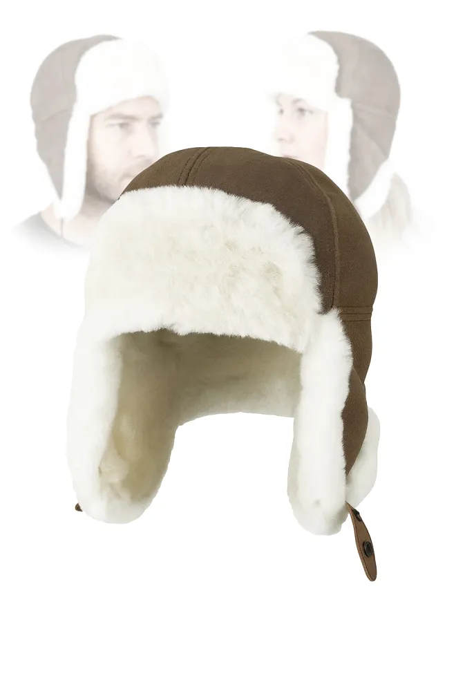 Pilotka Zimowa Brązowa, Skórzana Uszatka z Naturalnym Futrem W484B PolarFashion