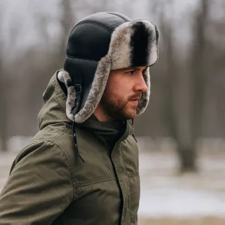 Pilotka zimowa męska  Uszatka W519B czarna skóra i naturalne futro Polar Fashion - 6