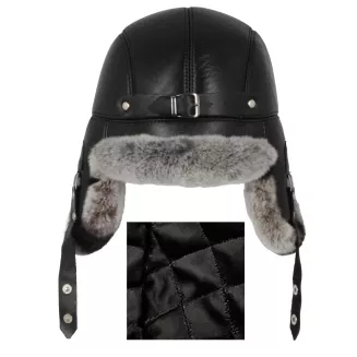 Pilotka zimowa męska  Uszatka W519B czarna skóra i naturalne futro Polar Fashion - 5