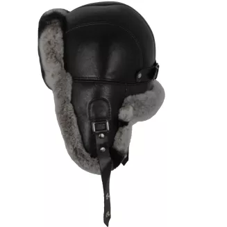 Pilotka zimowa męska  Uszatka W519B czarna skóra i naturalne futro Polar Fashion - 2