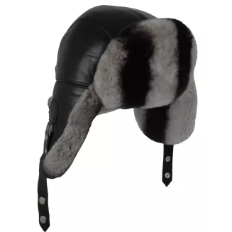 Pilotka zimowa męska  Uszatka W519B czarna skóra i naturalne futro Polar Fashion - 3