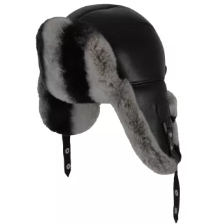 Pilotka zimowa męska  Uszatka W519B czarna skóra i naturalne futro Polar Fashion - 4