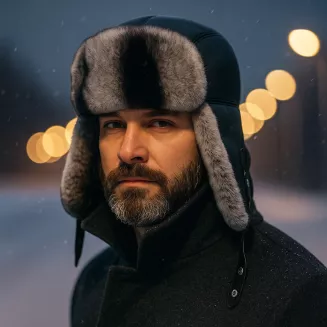 Pilotka zimowa męska  Uszatka W519B czarna skóra i naturalne futro Polar Fashion - 7