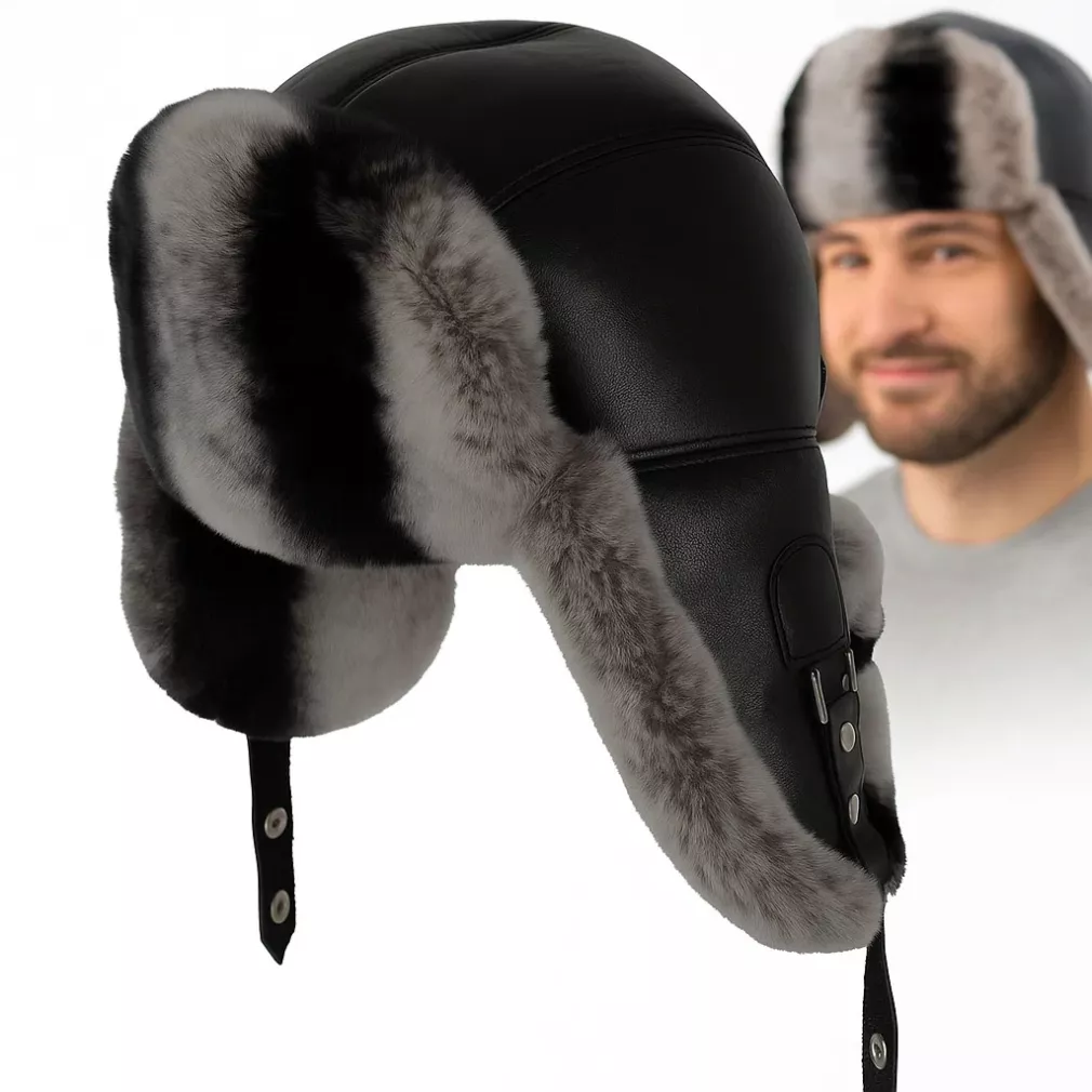 Pilotka zimowa męska  Uszatka W519B czarna skóra i naturalne futro Polar Fashion