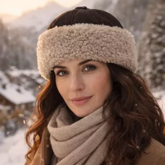Ciemnobrązowa skórzana czapka zimowa z futrem ciepły toczek unisex W518T - 5