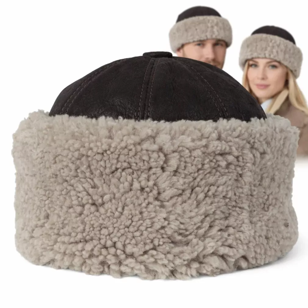 Ciemnobrązowa skórzana czapka zimowa z futrem ciepły toczek unisex W518T