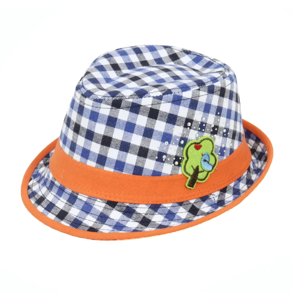 Polar Fashion R176–Dziecięcy Kapelusz Trilby w Kratkę z Pomarańczową Obwódką