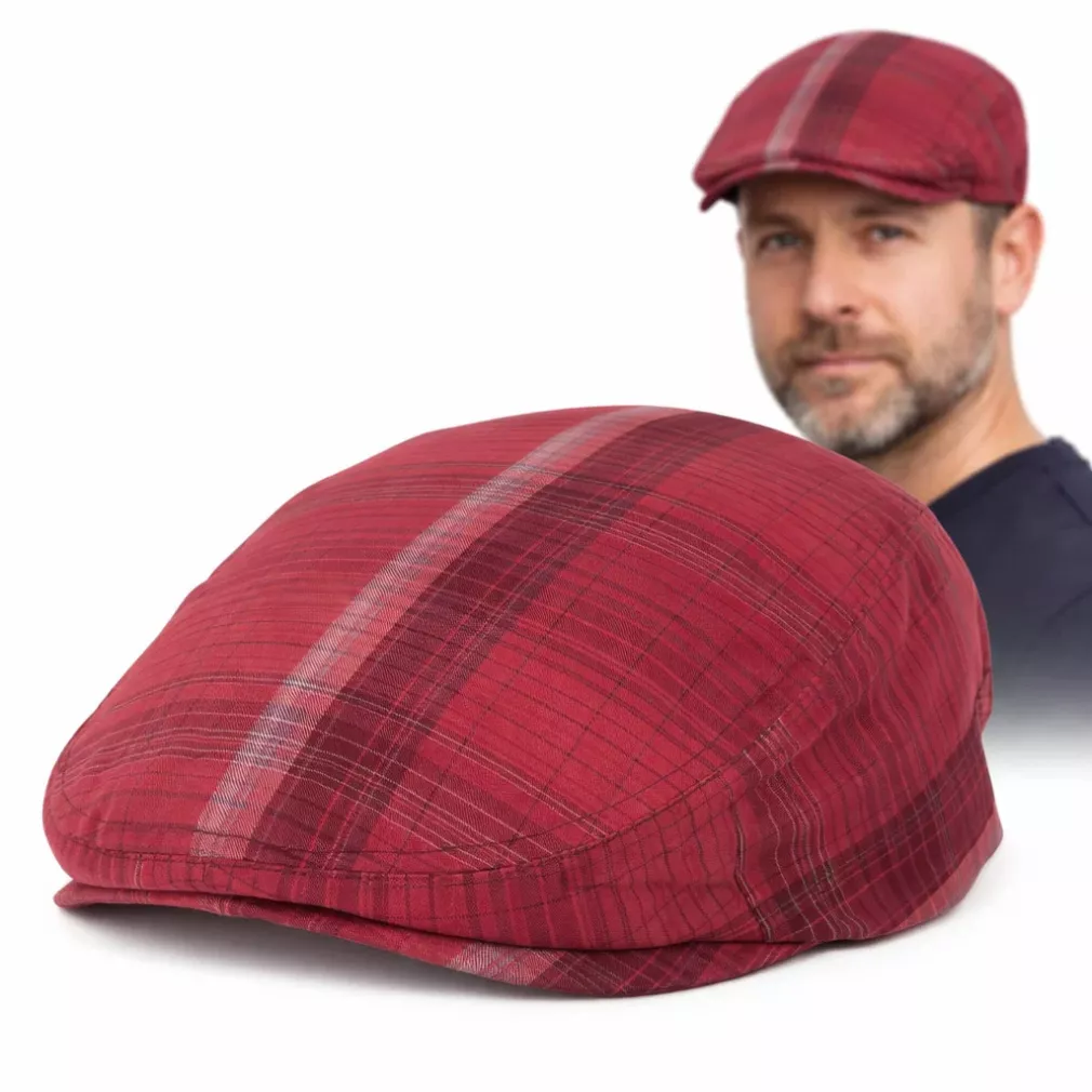 Kaszkiet męski czerwony w kratę flat cap bawełniany 57-59 cm K307D Polar Fashion