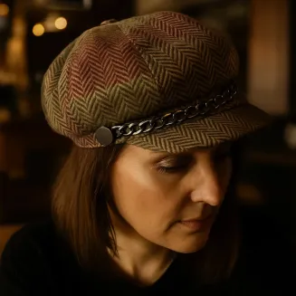 Kaszkiet Damski K291D Wiskoza w Kolorową Jodełkę z Łańcuszkiem Polar Fashion - 7