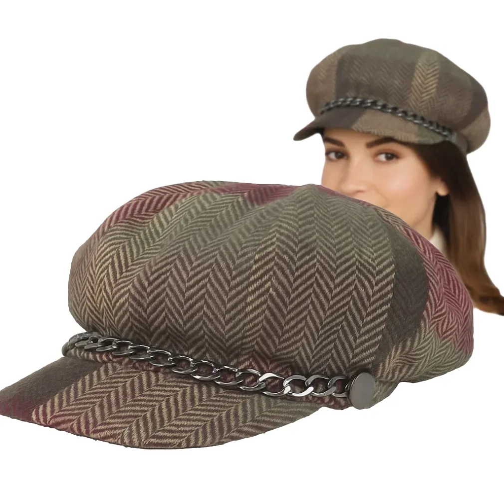 Kaszkiet Damski K291D Wiskoza w Kolorową Jodełkę z Łańcuszkiem Polar Fashion