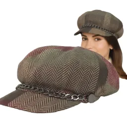 Kaszkiet Damski K291D Wiskoza w Kolorową Jodełkę z Łańcuszkiem Polar Fashion