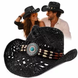 Czarny Kapelusz Kowbojski R252C Zestaw BOHO Pilotki Pleciony Unisex Festiwal