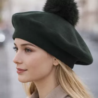 Zielony Beret Damski z Naturalnym Pomponem W503i Polar Fashion - 6