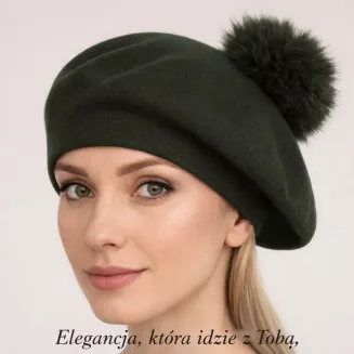 Zielony Beret Damski z Naturalnym Pomponem W503i Polar Fashion - 5