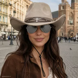 KAPELUSZ KOWBOJSKI WESTERN LONGHORN BEŻ + OKULARY LUSTRZANKI ZESTAW R254F - 12