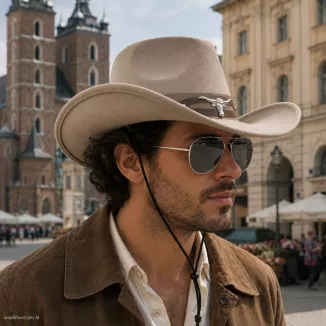 KAPELUSZ KOWBOJSKI WESTERN LONGHORN BEŻ + OKULARY LUSTRZANKI ZESTAW R254F - 3