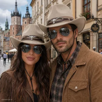 KAPELUSZ KOWBOJSKI WESTERN LONGHORN BEŻ + OKULARY LUSTRZANKI ZESTAW R254F - 10